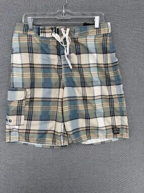 Rusty Board Shorts Mens 34 9" Plaid Grunge Swim Trunks Cargo Pocket Drawstring